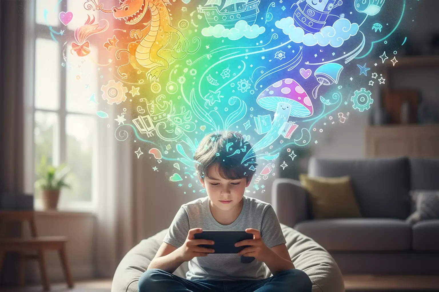 Illustrated characters encouraging creative thinking