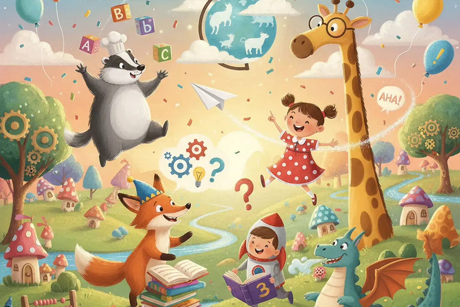Kids story characters in a playful scene that encourages laughter and learning