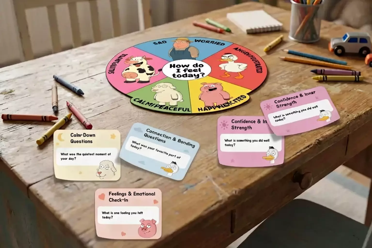 Farmyard Follies emotional learning cards showing happy, sad, and surprised animals
