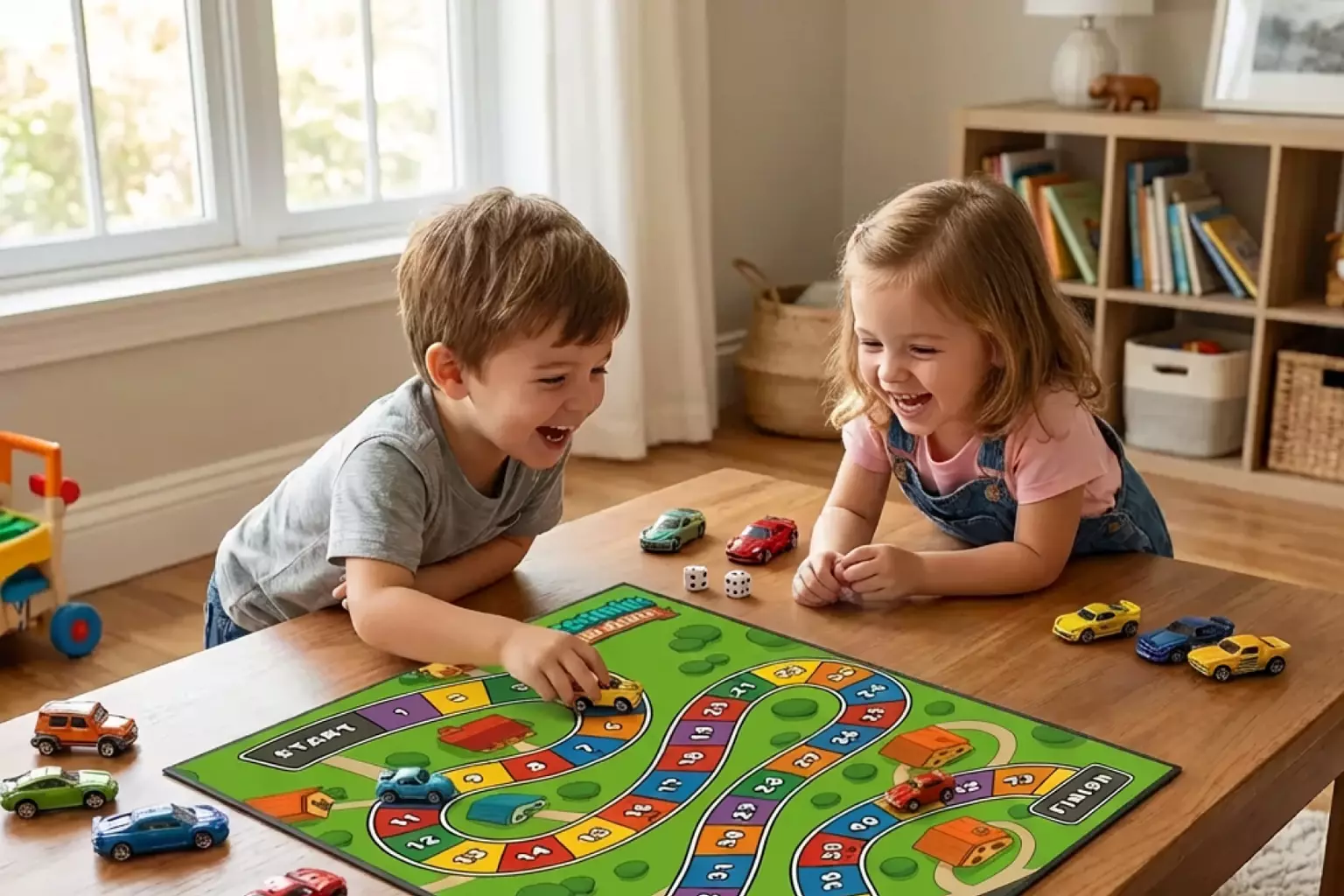 Vroomie's Road Race printable board game layout with track and cars